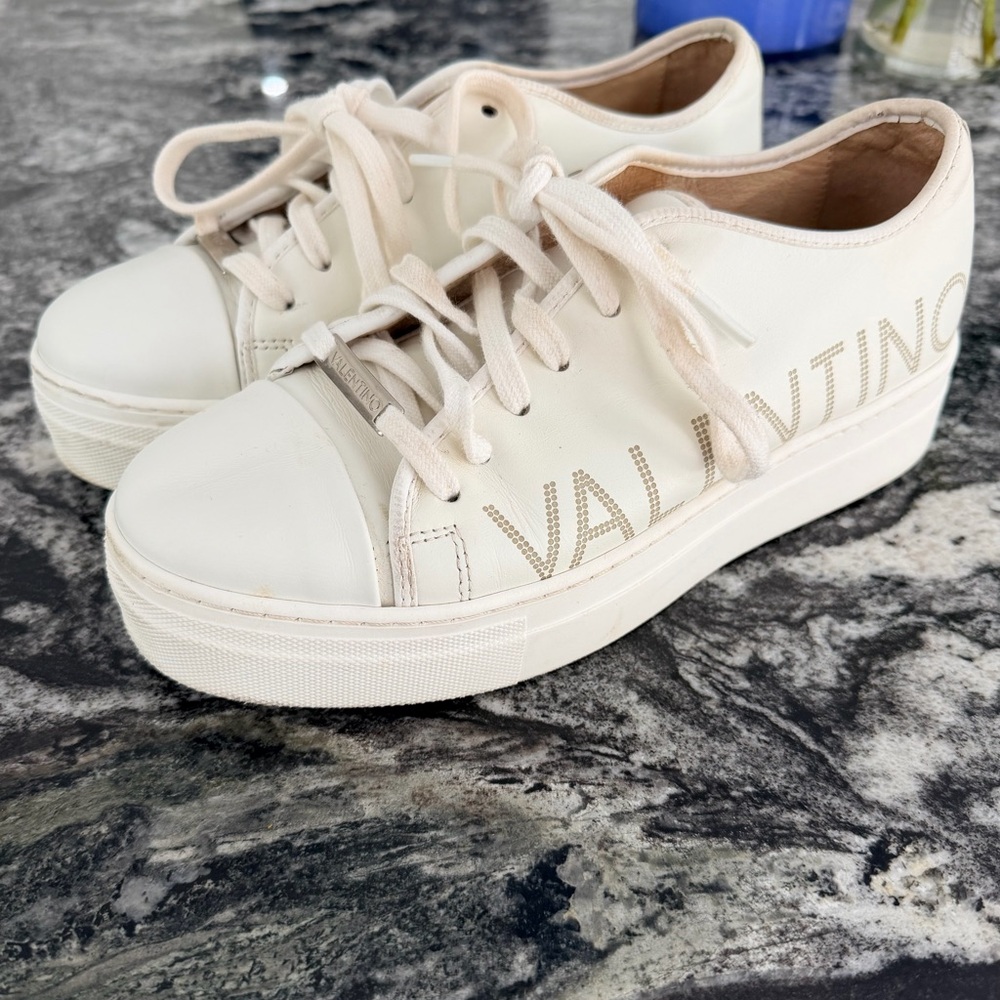 Valentino White Cream Platform Lace-Up Sneakers with Studded Logo